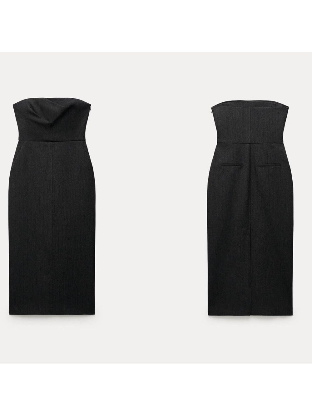Zara gray strapless midi pencil dress pockets slit Sz S NWT - Picture 5 of 17
